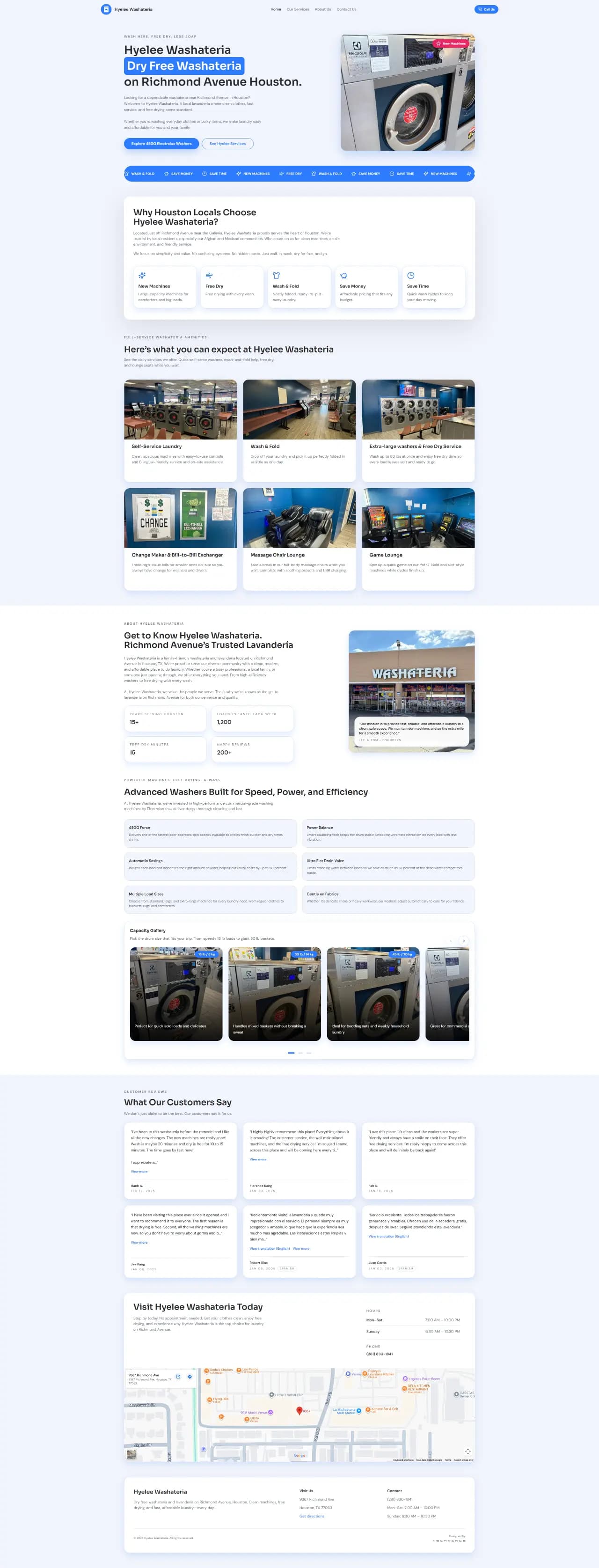 Website design for Hyelee Washateria, a bilingual washateria and lavandería on Richmond Avenue in Houston, TX, built by TechVance